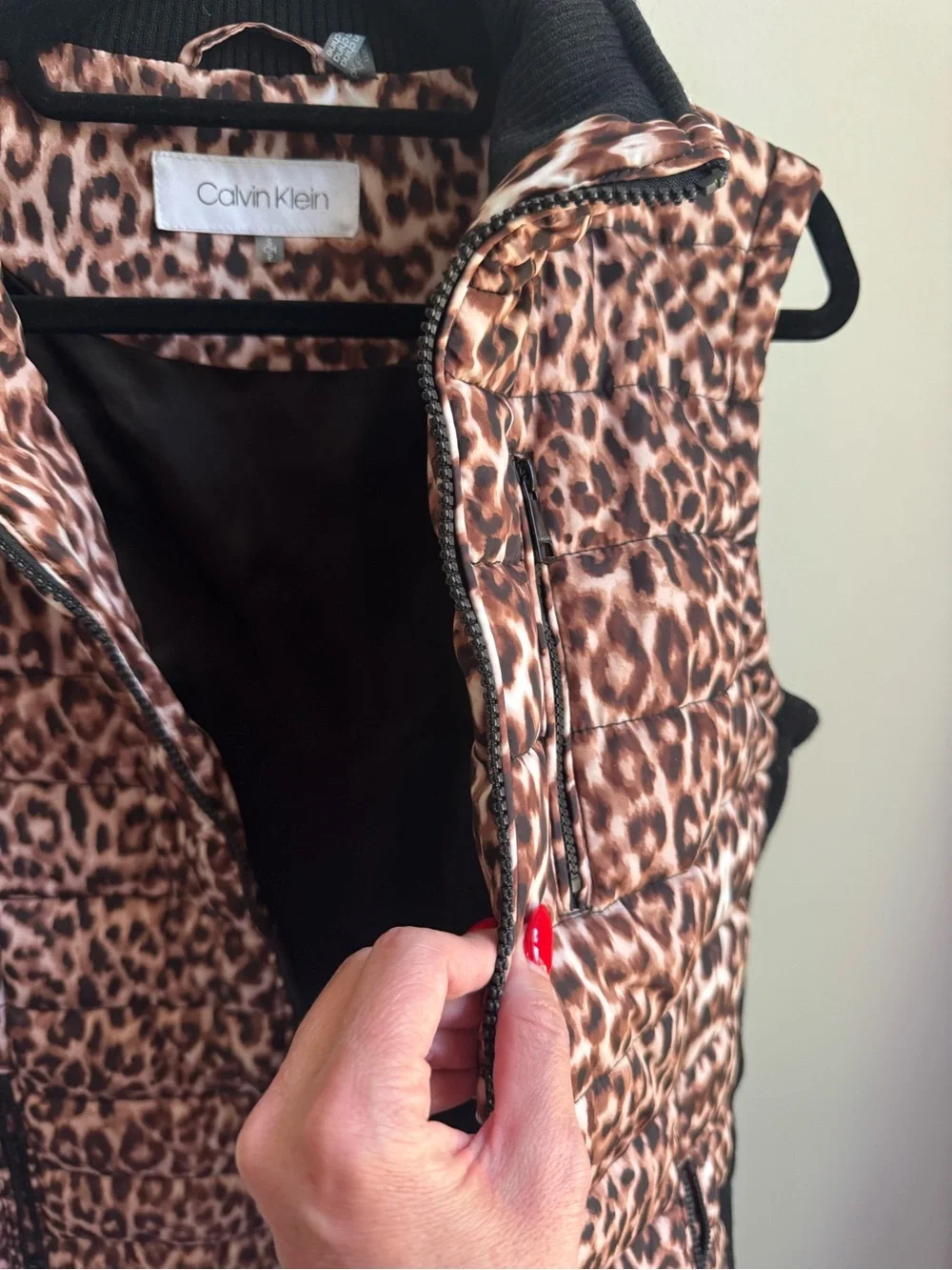 Calvin Klein Leopard Quilted Vest in Brown and Black